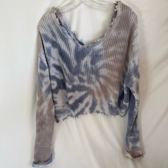 Jessica Simpson Women’s Sweater Tie Dye Waffle  Knit Crop Blue/brown/white Large - Picture 5 of 10